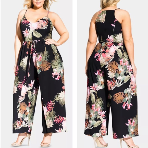 City Chic Pants - PLUS City Chic Tropical Paradise Wrap Tie Jumpsuit Size 14